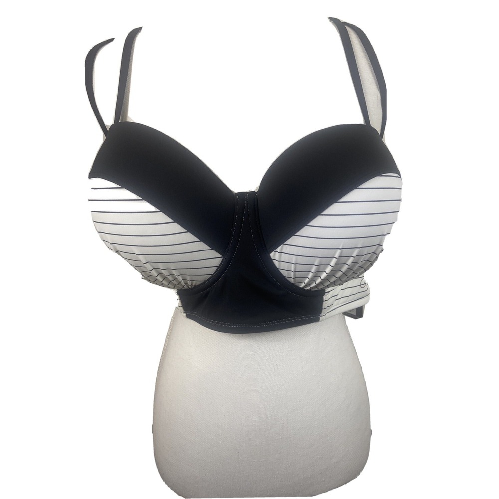 CALIA Carrie Underwood Swim Bra Caviar Pure White 42DD Striped Long Line Bandeau